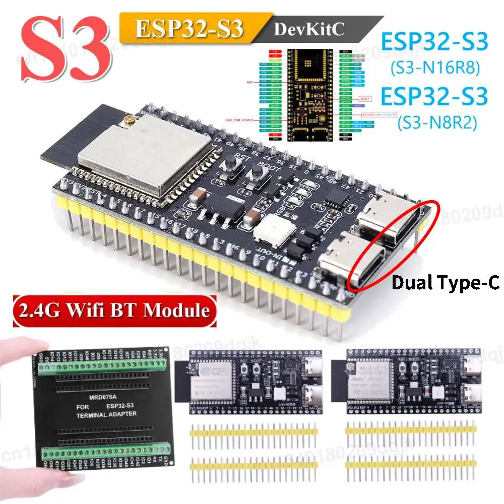 ESP32-S3-DevKitC-1 Development Board BT 2.4G Wifi Module for Arduino 8MB PSRAM 16MB FLASH N16R8 42Pin CH340C Type-C ESP32 S3