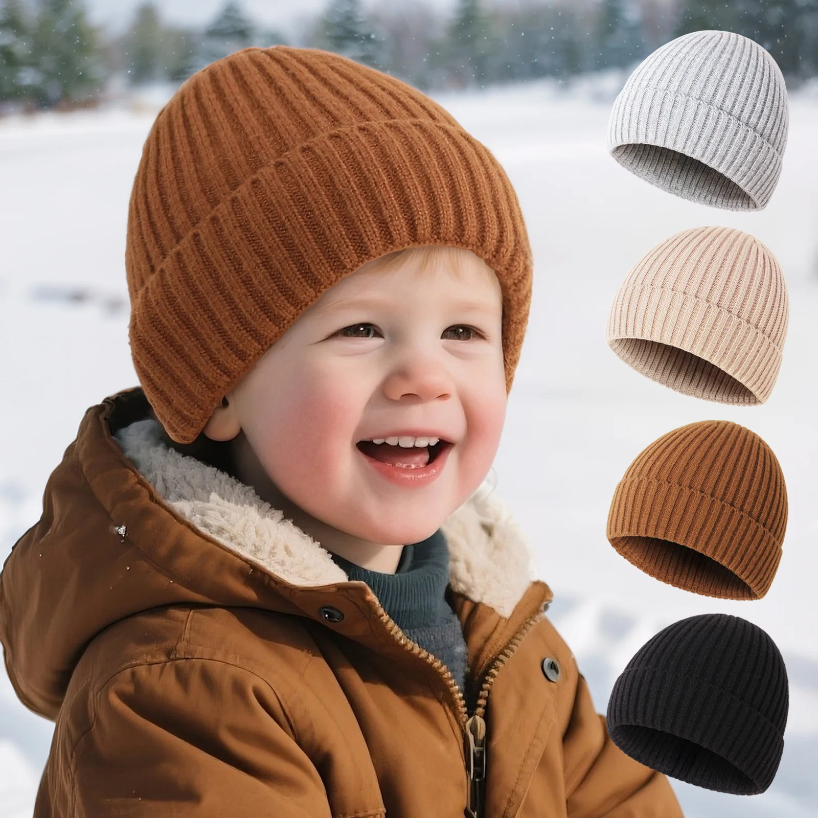 Gestrickte Mütze für Jungen und Mädchen, modische, schlichte, warme Kindermütze, einfarbige Beanie-Mütze für Kleinkinder, Herbst-Winter-Mütze