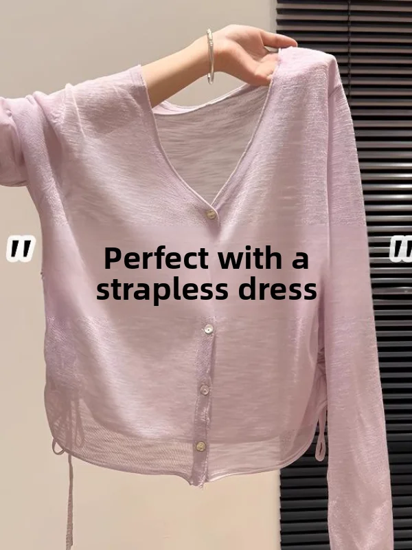 

Фиолетовый кардиган French Sle Slim Fit с V-образным вырезом, защитой от солнца и дизайном с завязками, универсальный топ для повседневной носки и весеннего гардероба