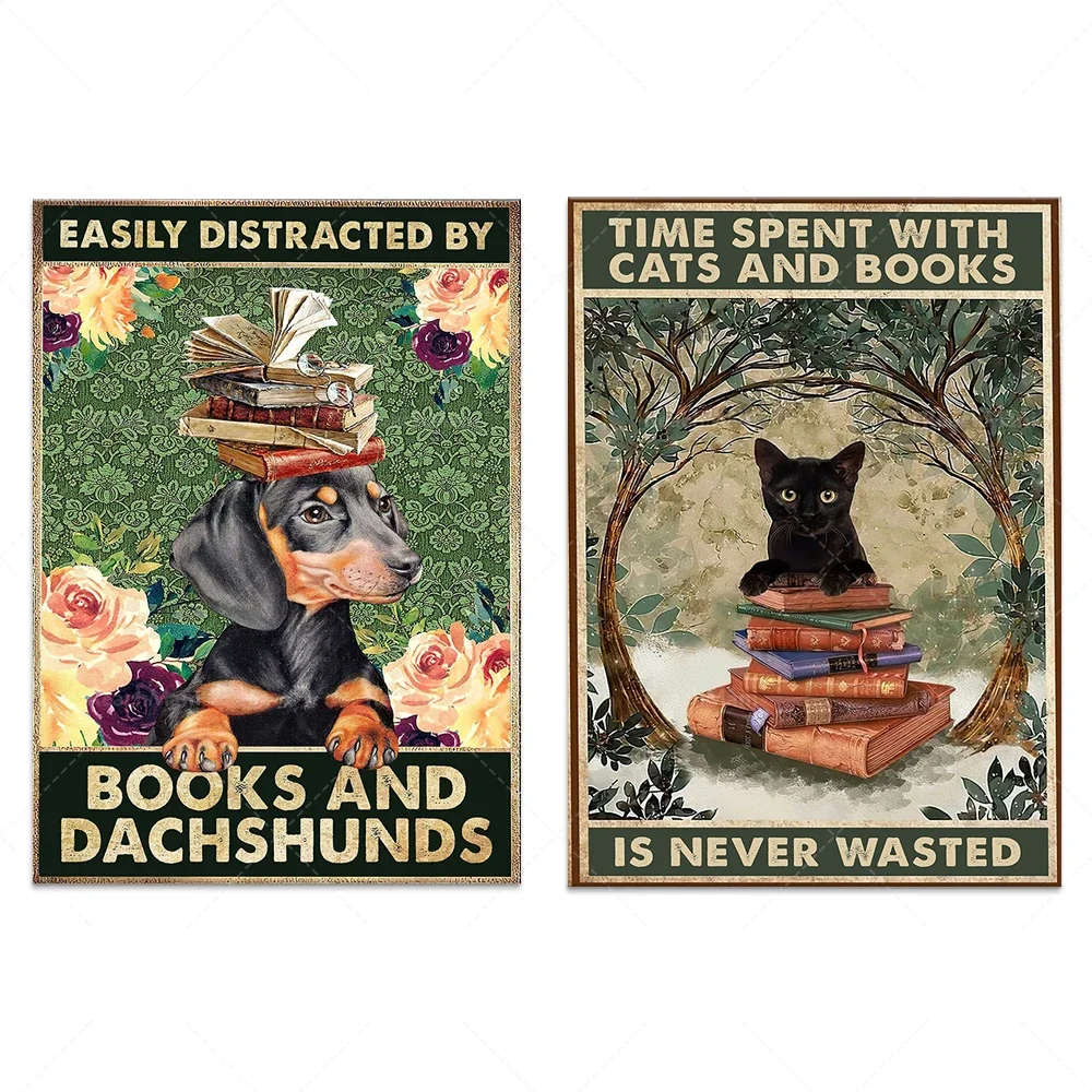 Nunca desperdician el tiempo con gatos y libros, estampados de gatos, amor de leer libros y perros, fácilmente distraído por libros y carteles de perro salchicha,
