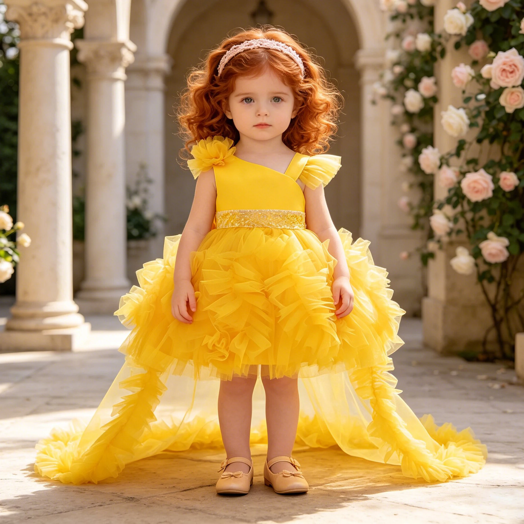 Fashion Pleated Sequin Girls Trailing Party Dress Baptism Tulle 1st Birthday Wedding Bow Prom Dresses Gala Christmas Prom Gown