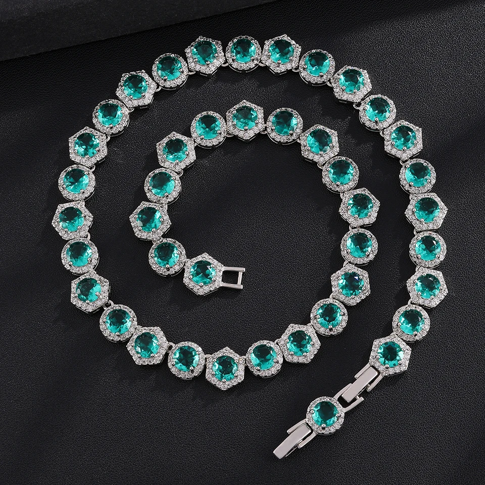 Luxuriöse Halo-Rund-CZ-Tennis-Ketten-Halskette für Damen, mehrfarbige Kristall-Hexagon-Rahmen-Gliederkette, Bankett-Modeschmuck – Detail 8