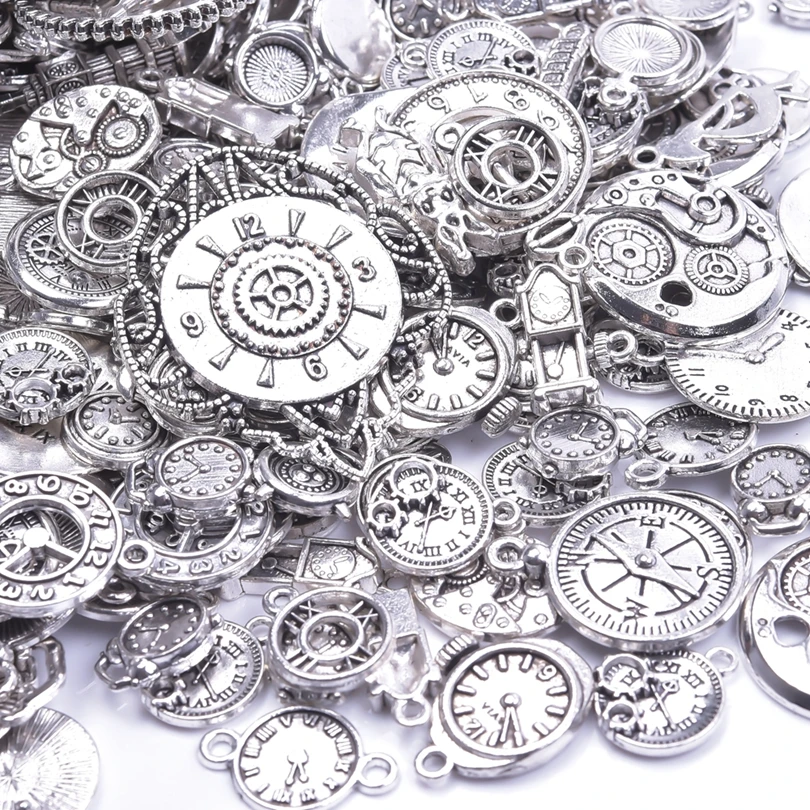 Steampunk Gear Clock Antique Silver Color Random Mixed Alloy Pendant Charm For Jewelry Making DIY Craft Bracelets Accessories