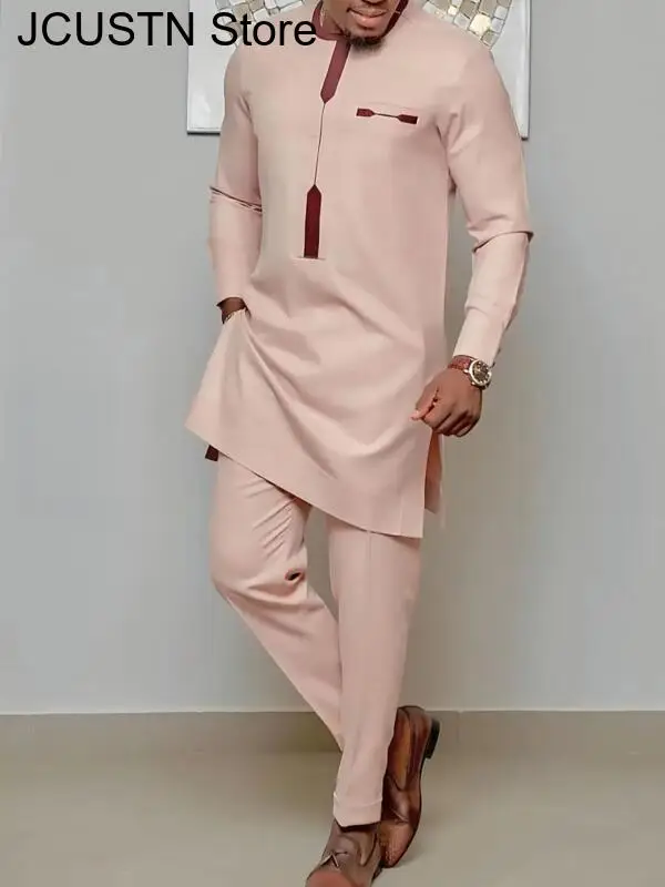 الرجال تيموس الزفاف بنطلون قميص قطعتين دعوى طويلة الأكمام حفلة العرقية الأفريقية نمط 2 قطعة عطلة حفلة فاخرة الرجال البدلة