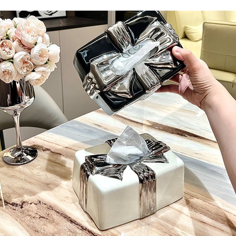 Light Luxury Bowknot Tissue Box Living Room Bathroom Ceramic Decoration Home Art Napkin Storage Gift