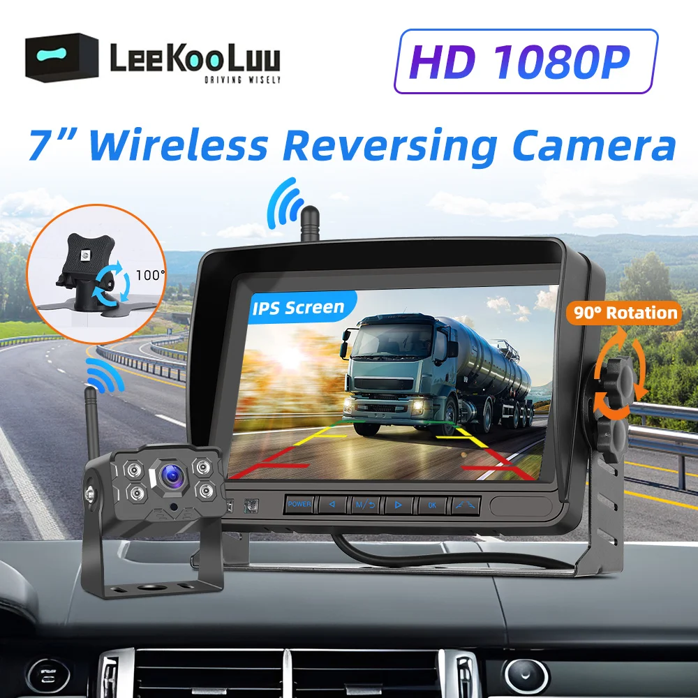 LeeKooLuu 7-inch IPS Rearview Monitor Wireless Reversing Car Camera Reverse Parking System Waterproof Infrared Night Vision