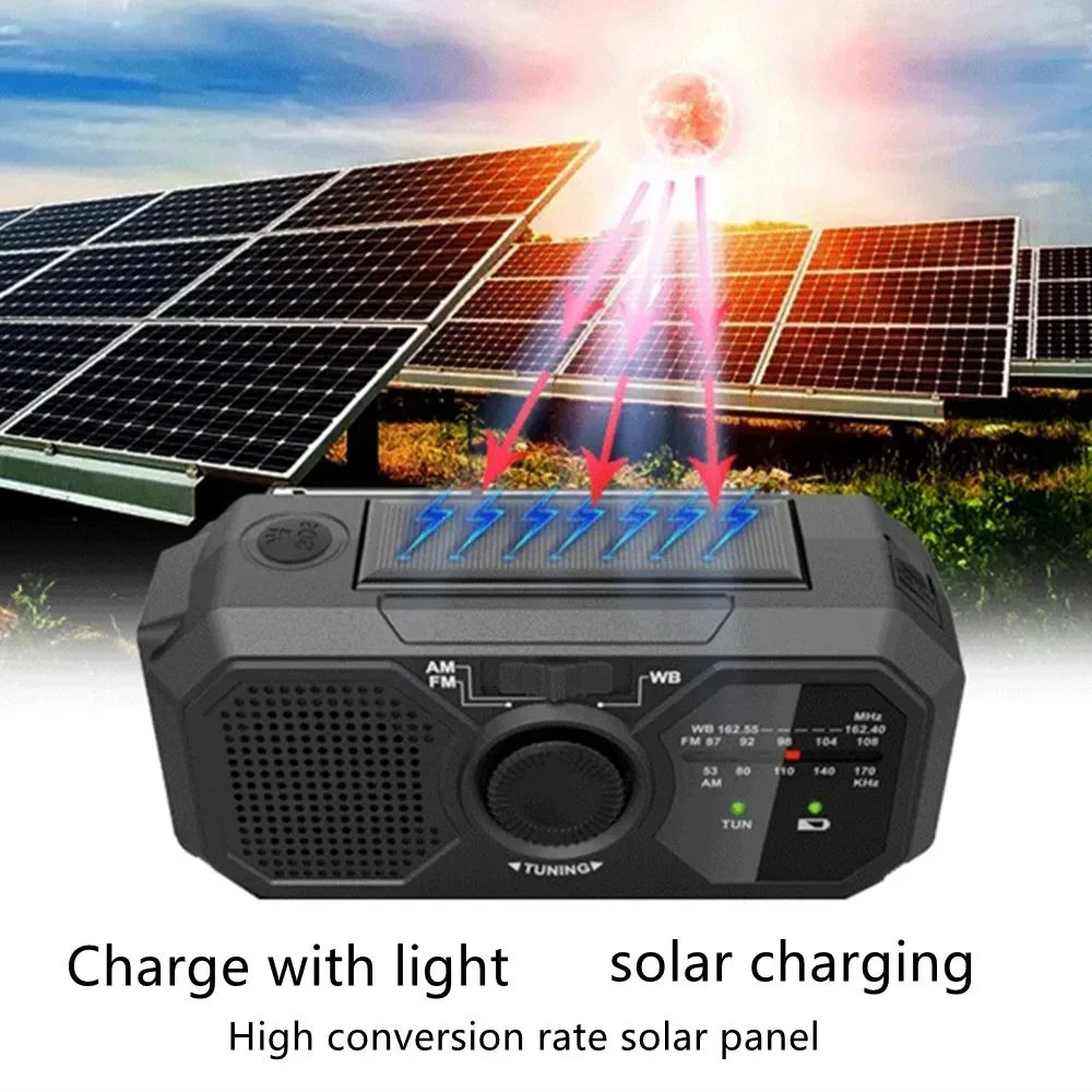 المحمولة AM/FM/WB الفرقة راديو الإضاءة مصباح يدوي الطاقة الشمسية كرنك اليد الجيل بنك الطاقة في حالات الطوارئ مشغل MP3 المتكلم SOS