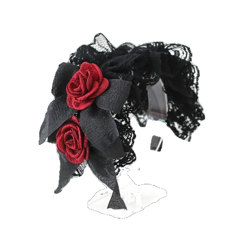 오리지널 블랙 앤 레드 레이스 로리타 헤드피스 인형 스타일 리본 팔찌 KC 고딕 로 마더 할로윈 헤어 액세서리