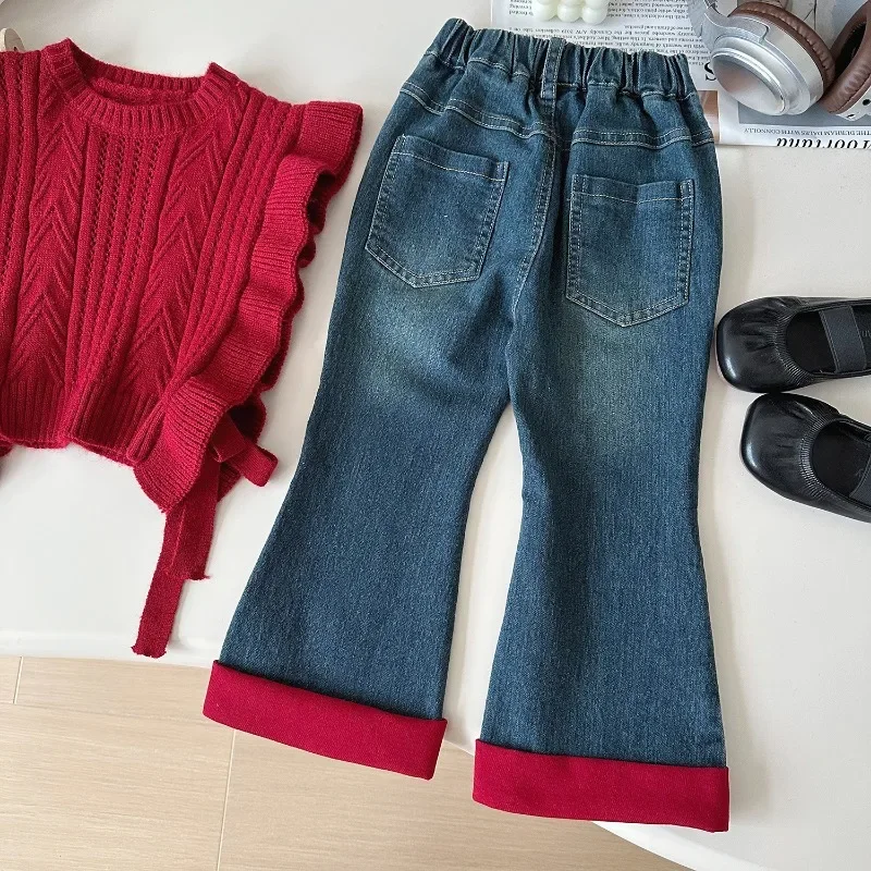 3Pcs Girls Suits Autumn Winter Long Sleeve Shirt+Knitted Sweaters Vest+Jeans Children Casual Costumes Toddler Girl Outfits Set