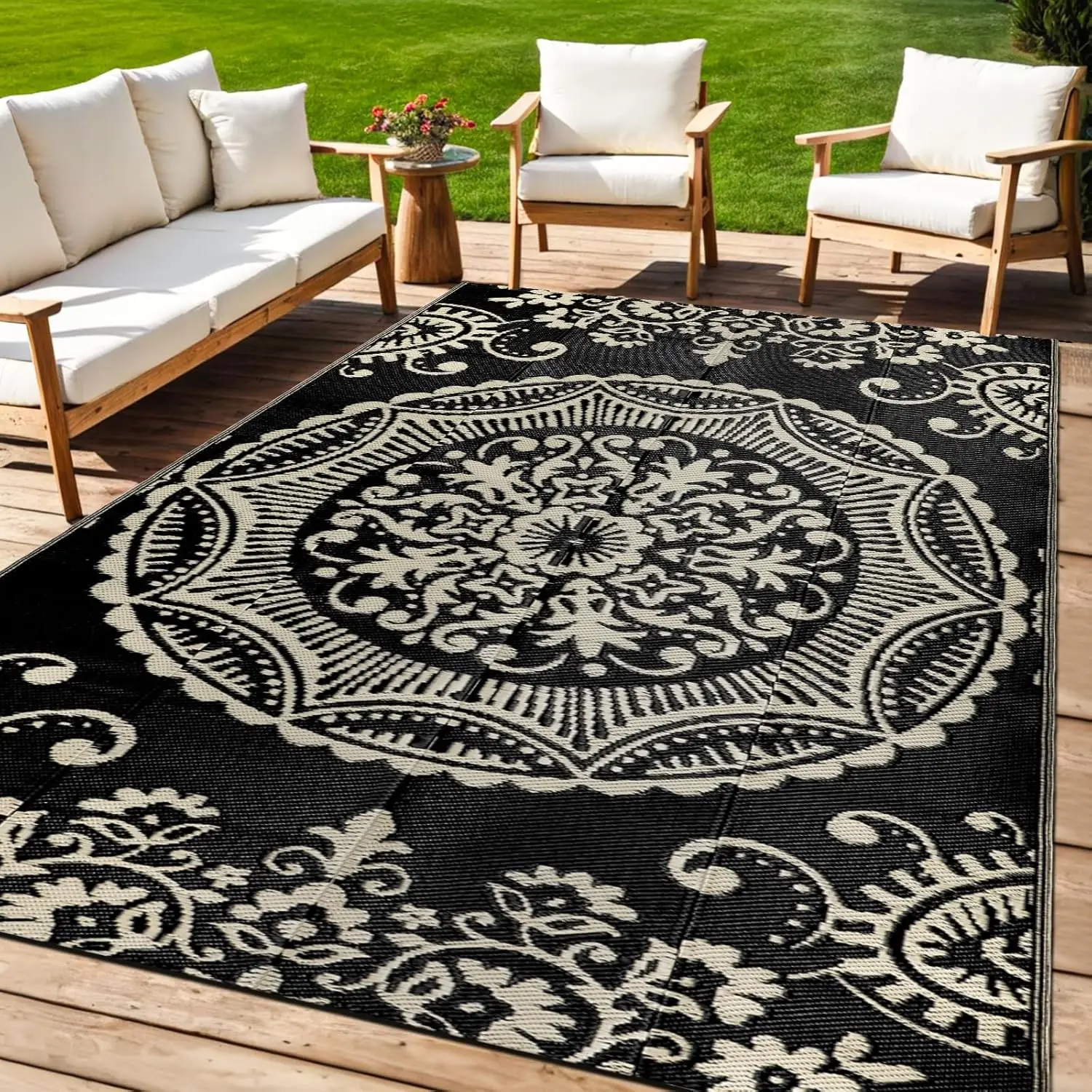 

5x8 Outdoor Rug Waterproof Camel Boho Floral Patio Carpet Portable Plastic Straw Rug Foldable Outside Carpet with Carry Bag f