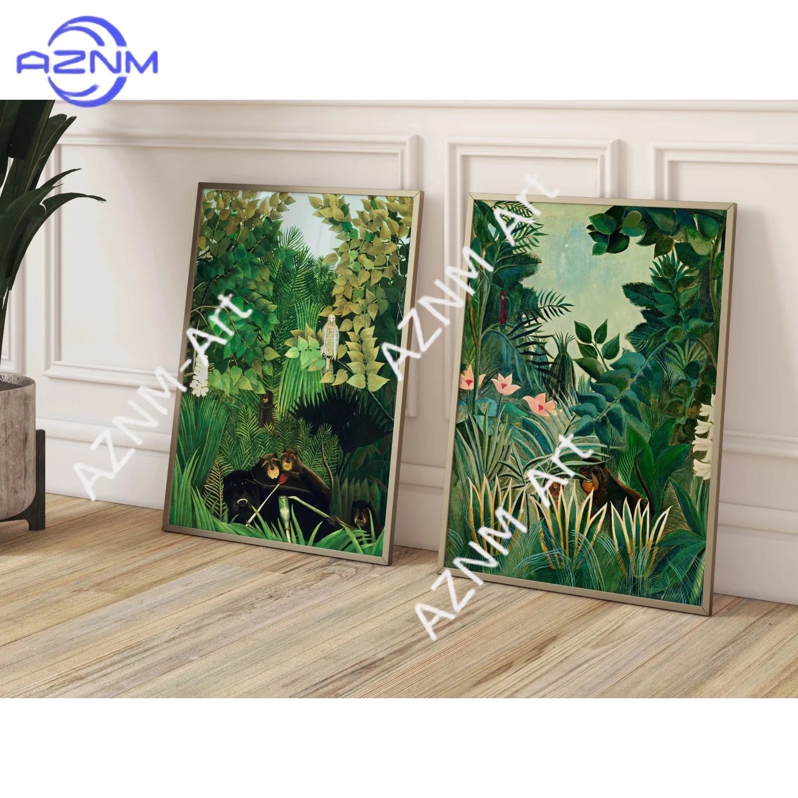 1/2 piezas de impresiones de Henri Rousseau, la selva ecuatorial, los payasos alegres, decoración maximalista, verde esmeralda, sala de estar, arte de pared