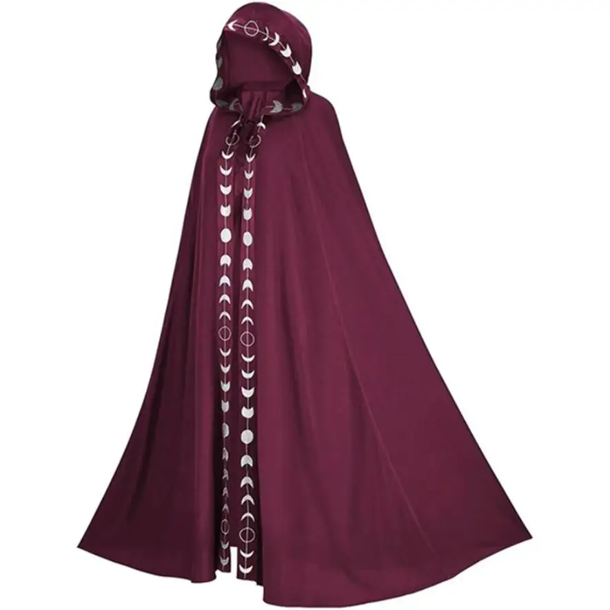 Adult Gothic Halloween Cloak Hooded Moon Print Witch Wizard Cosplay Costume Medieval Steampunk Preist Preacher Cape Men Women