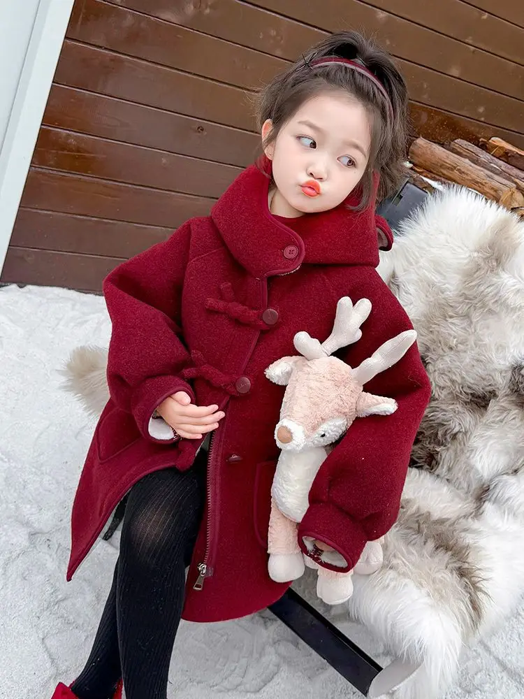 Girls' Woolen Coat Autumn Winter 2024 New Children's New Year Outfit Baby Plus Cashmere Red Woolen Coat Medium Length