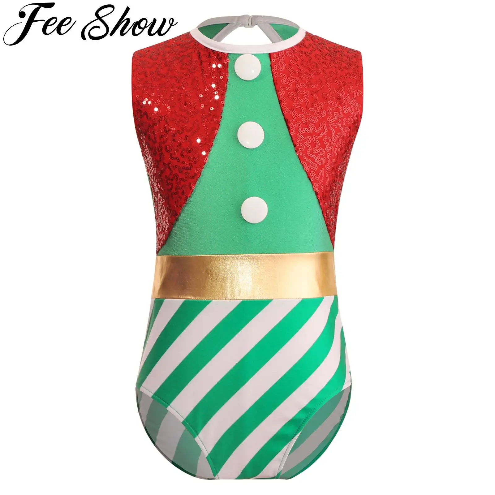 

Kids Girls Christmas Dance Gymnastics Leotards Sequins Sleeveless Stripe Jumpsuit Xmas Elf New Year Party Dress Up Dancewear
