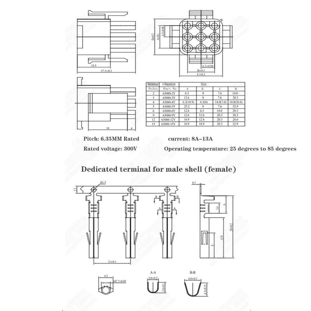 5PCS Power Connector Crimp Female 6308 Female Shell Elevator Motor Plug 6.35MM Pitch Connector 2P3P4P5P6P9P-15P