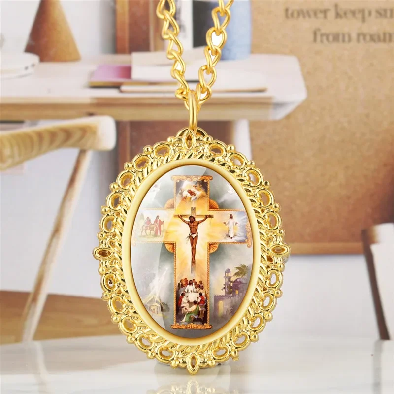 

Antique Yellow Gold Jesus Cross Design Oval Shape Unisex Quartz Pocket Watch Full Hunter Clock Sweater Necklace Chain Souvenir