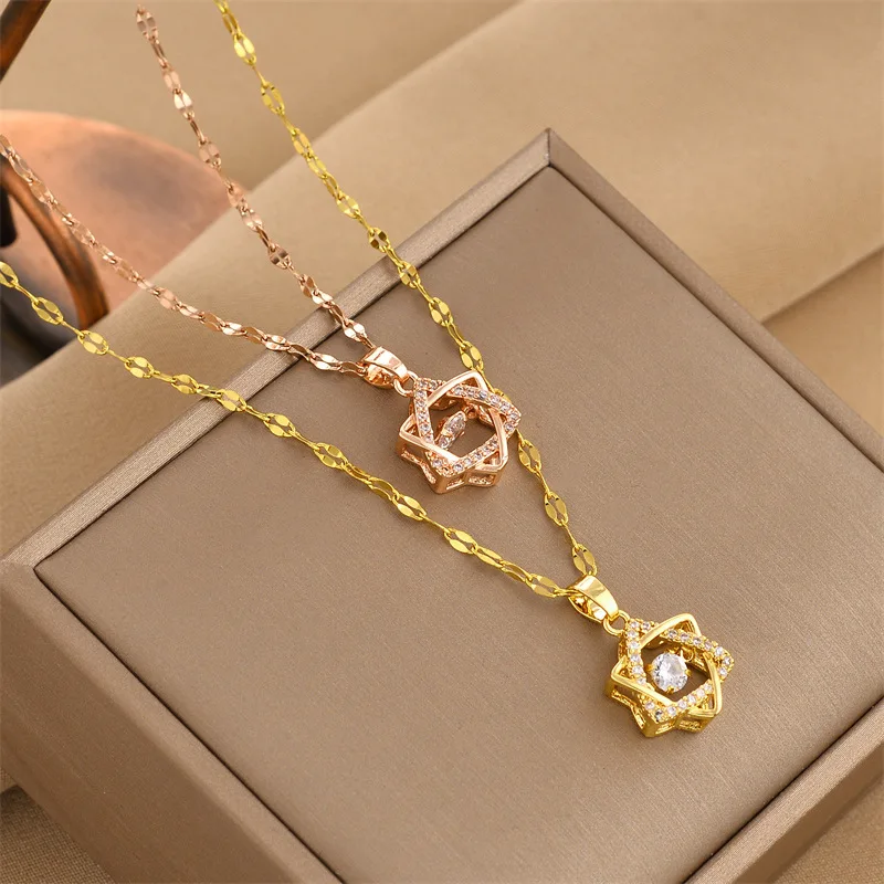 

Trendy Six-pointed Star Love Necklace for Women - Jumping Heart Pendant Stainless Steel Daily Wear Fashion Accessories