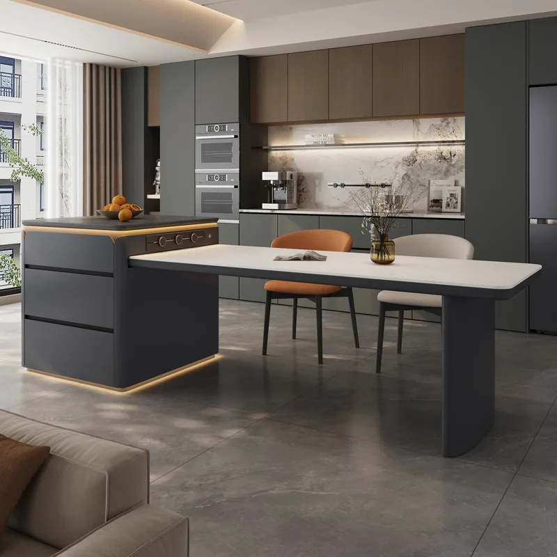 Minimalist gray island dining table integrated retractable rock slab small apartment new multi-functional middle island