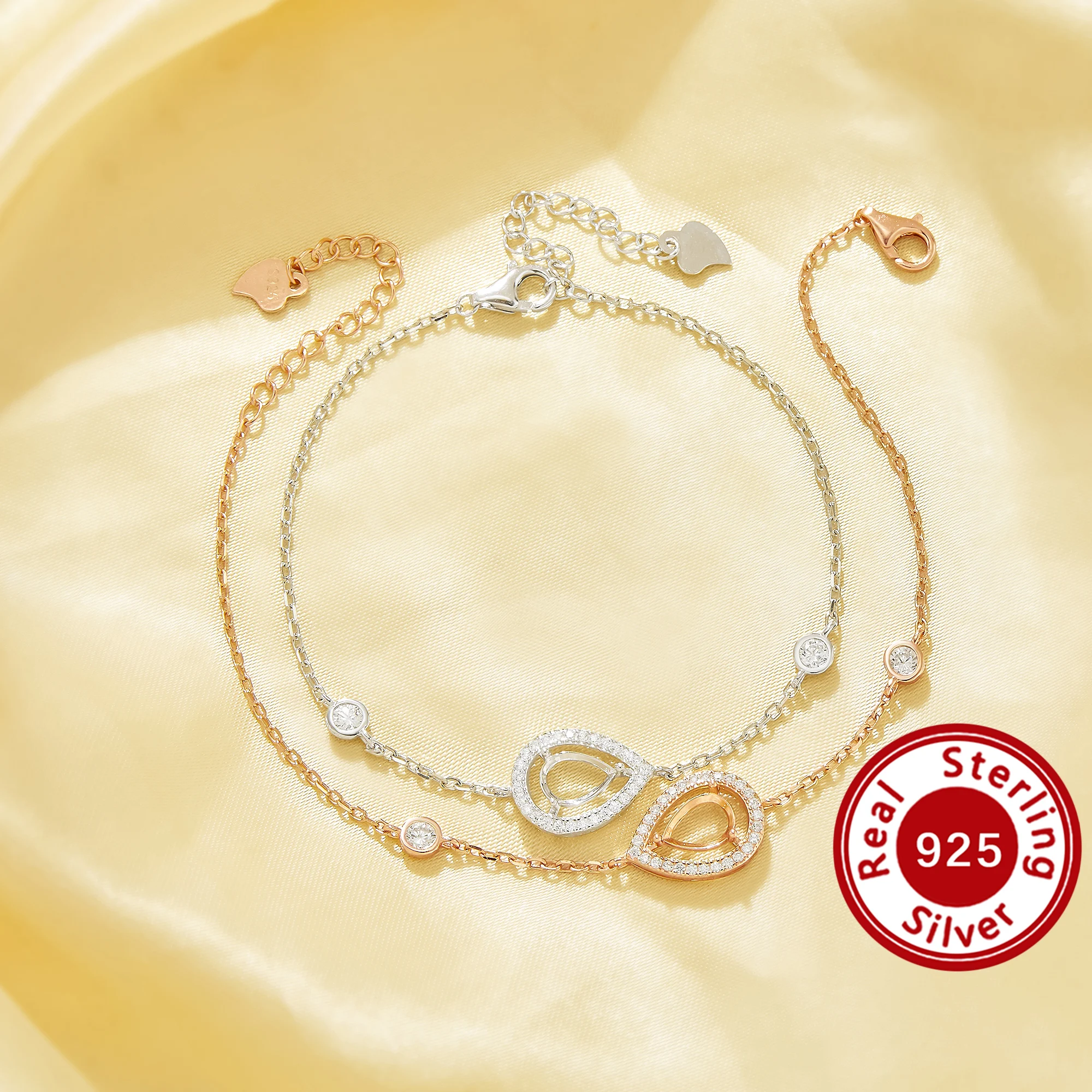 

5x7 мм Halo Pear Prongs Bezel Браслет, твердый браслет из стерлингового серебра 925 пробы с покрытием из розового золота 6,4 дюйма + 1,6 дюйма 1900348