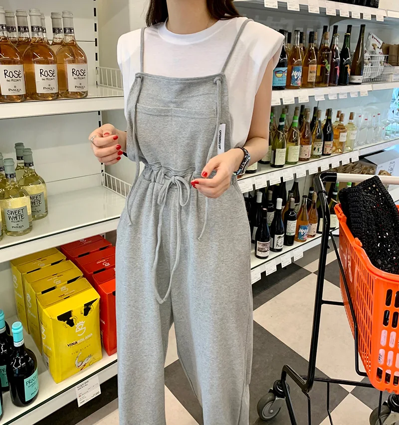 จั๊มพ์สูทขายาวทรงขาบานสไตล์เรโทรสำหรับผู้หญิง เอวผูกเชือก ผ้าฝ้าย ทรงหลวม สไตล์เกาหลี เอวสูง ขายาว