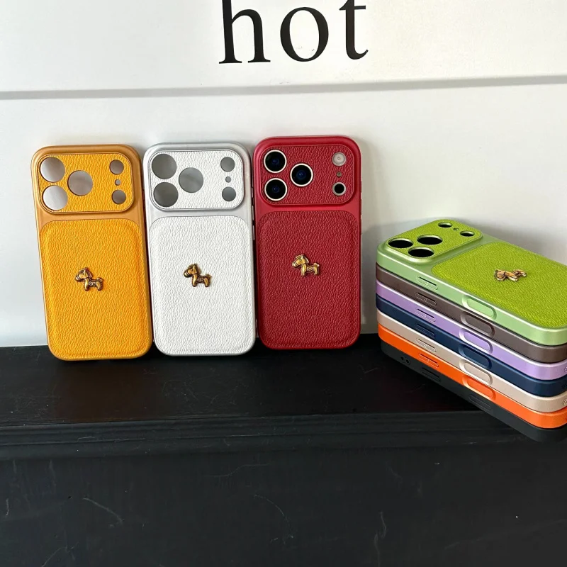 Funda de teléfono de cuero rojo con diseño de caballo poni, adecuada para iPhone 16 Plus, Apple 17 Pro Max, 15