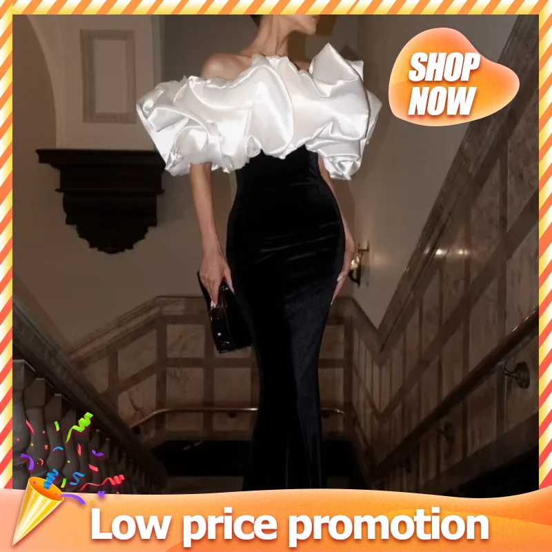 Black White Contrasting Puff One Neck Slim Woman Dress Sexy Backless Fishtail High Waist Long Dresses New Evening Party Robe