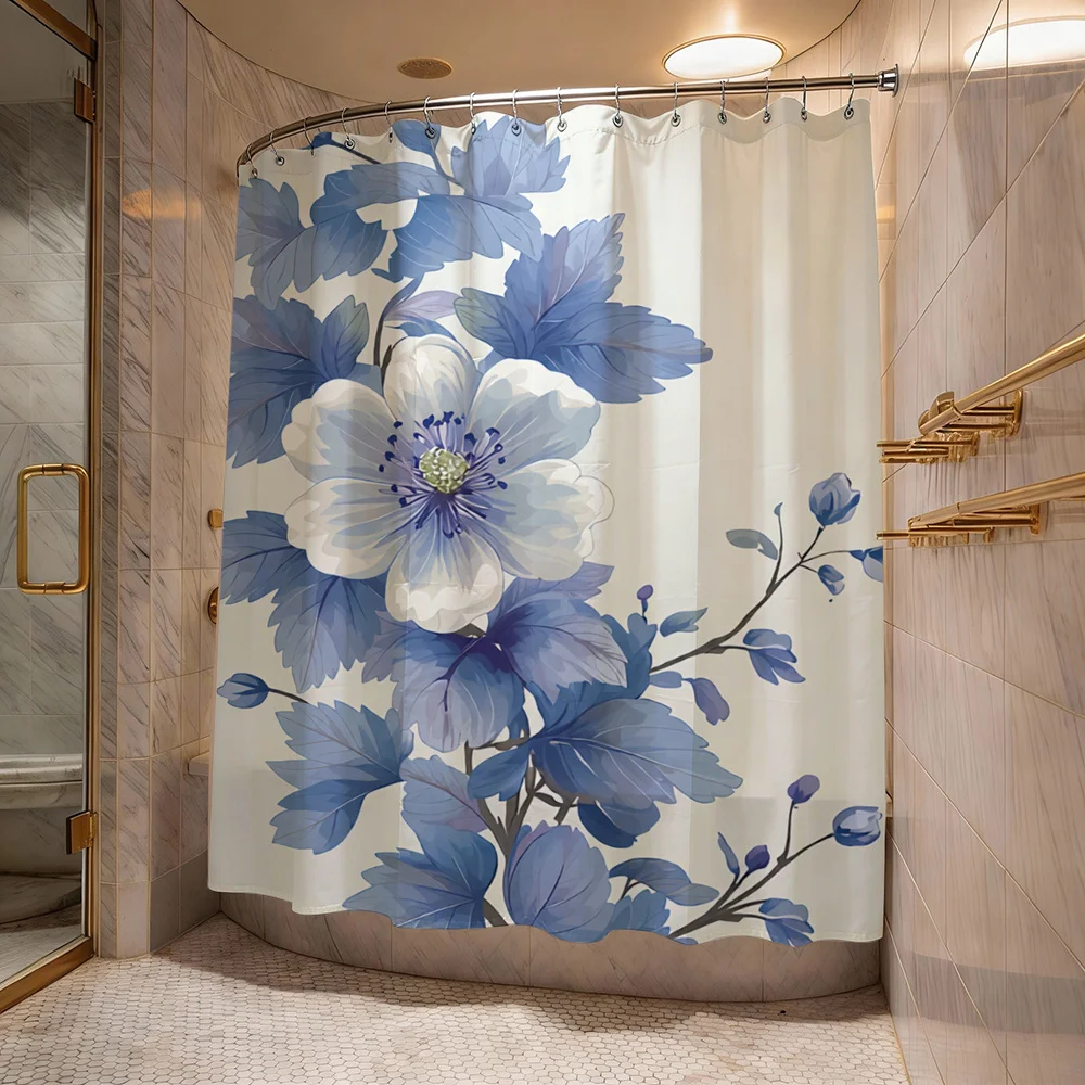 

Elegant Blue Floral Botanical Pattern Shower Curtain Waterproof Bathroom Curtain Liner for Large Use 180x180cm