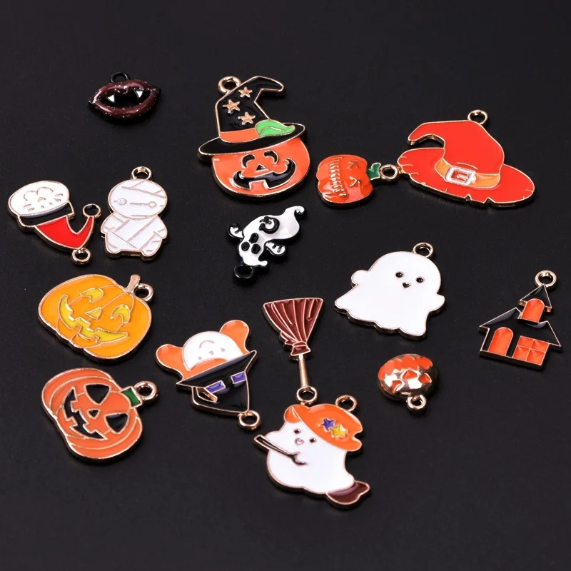 15pcs/Set Funny Enamel Halloween Pumpkin Specter  Bat Pendant For Jewelry Making Charm Bracelet For Diy Festival Jewelry Gifts