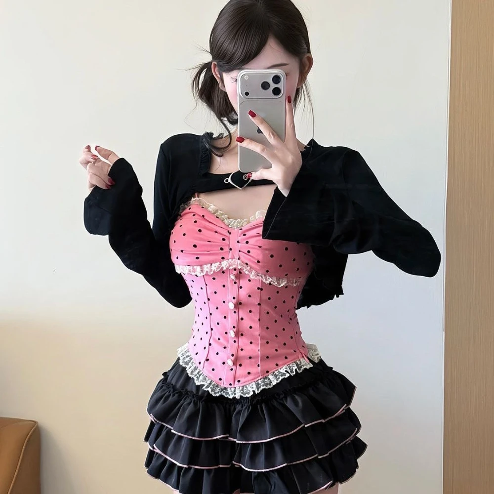 2000s Vintage Summer Lace Camisole Short Sleeve 3 Piece Set Crop Top Women Retro Preppy Plaid Pleated Skirt Harajuku Sweet Suits
