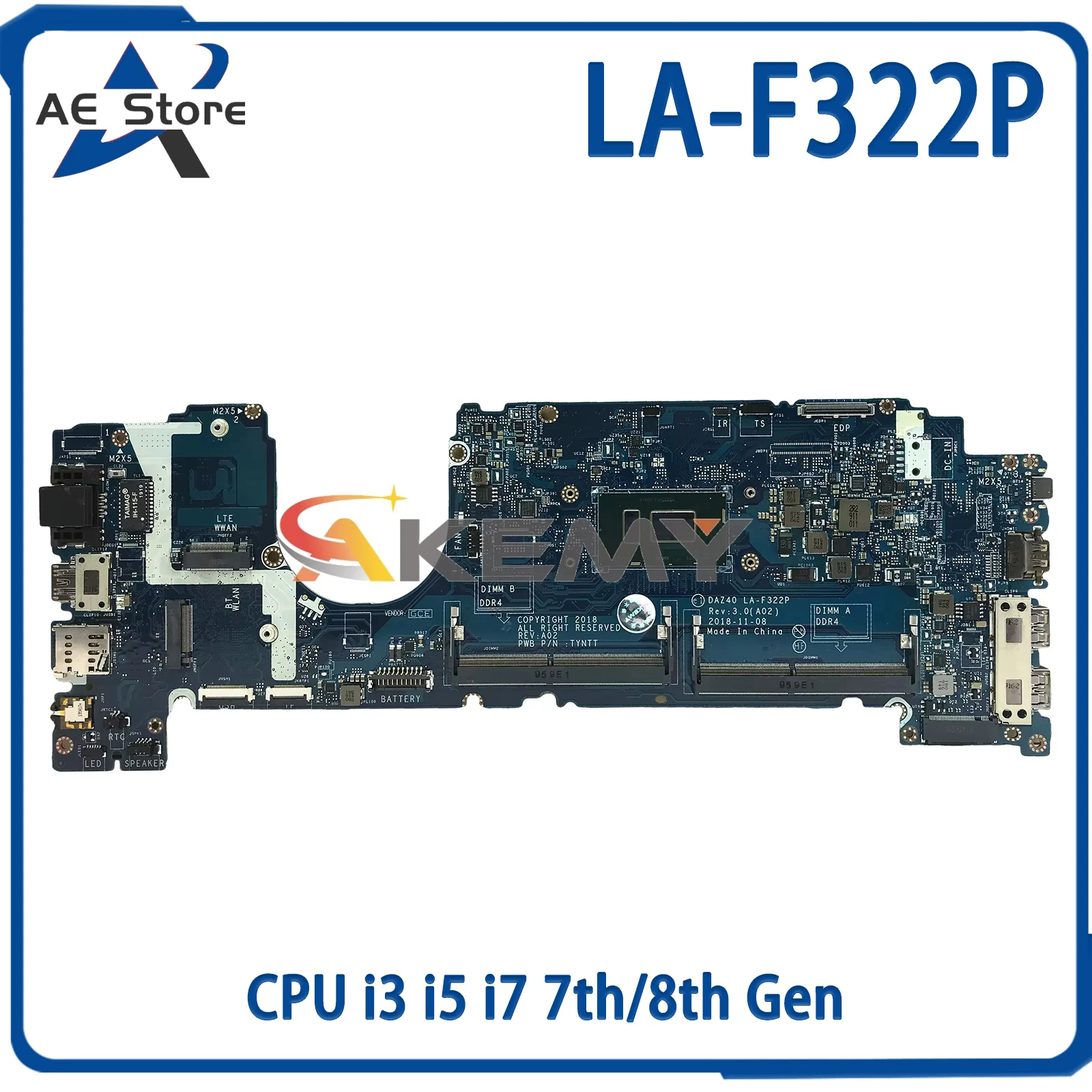 

AE LA-F322P Laptop Motherboard For Dell Latitude 7490 E7490 0R462V 0NFCCJ 0PP4F DAZ40 Mainboard With CPU i3 i5 i7 7th/8th Gen