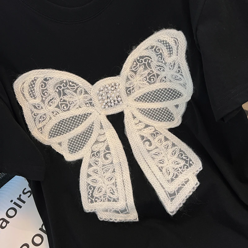 Ice Silk Thin Knit T-shirt Sweater Women Summer Beading Jacquard Short Sleeve Bow Tops Short Sleeve O-neck Jumpers 2024