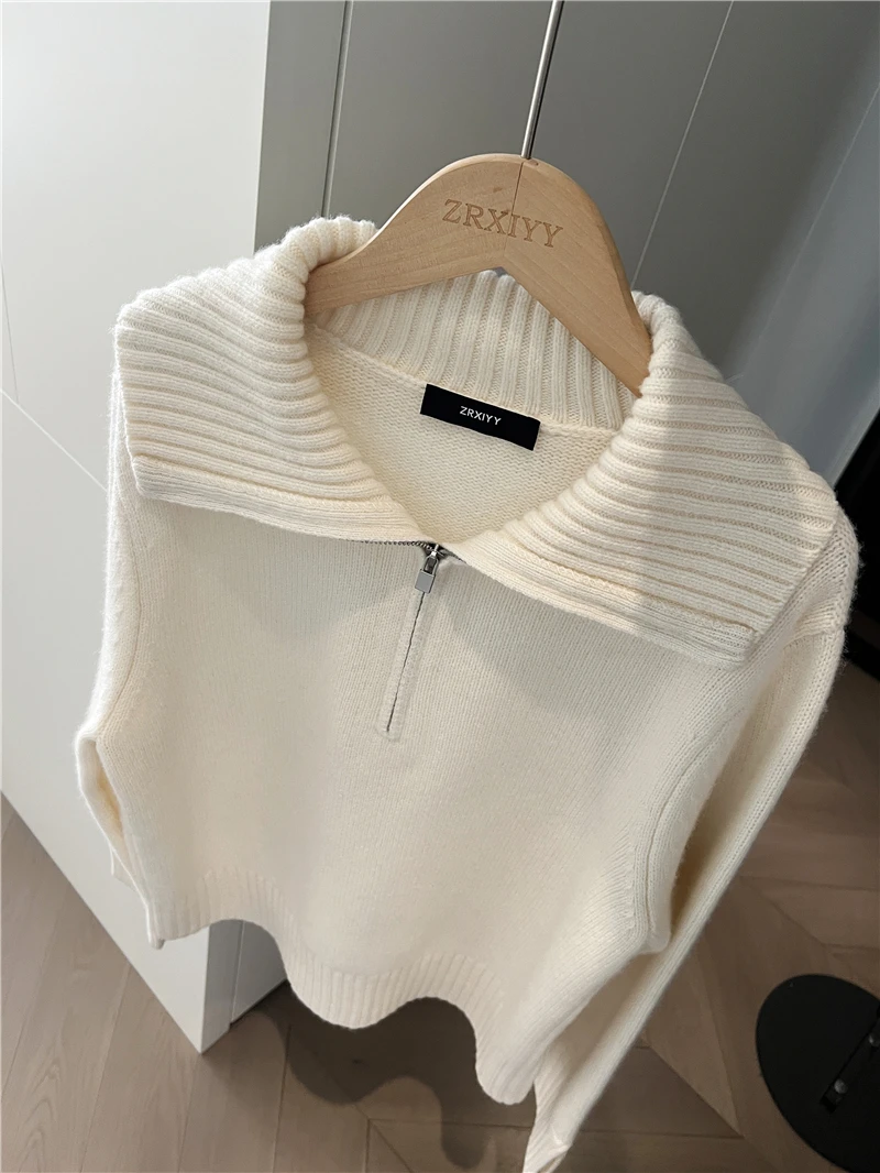 

Женский шерстяной вязаный свитер с воротником на молнии, повседневный, красный и молочно-белый, модный, вязаный шерстяной свитер