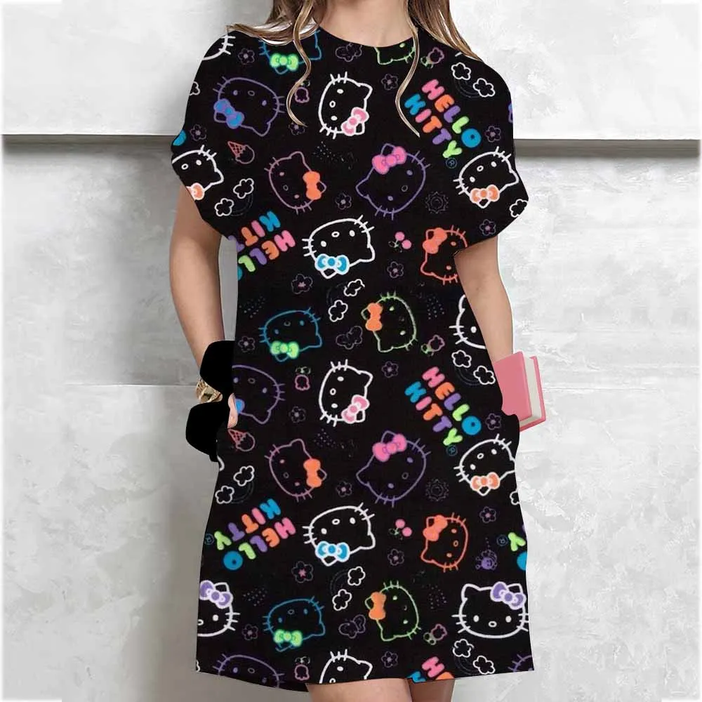 فستان نسائي صيفي تي شيرت كاجوال برقبة دائرية وأكمام قصيرة مطبوع عليه مرحبا كيتي فساتين صغيرة كورية ضيقة