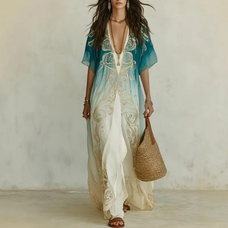 V Neck Loose Fit Dress a Line Elegant Ladylike with Literary Retro a Line Skirt Beach Dresses Short Sleeve Summer for Women