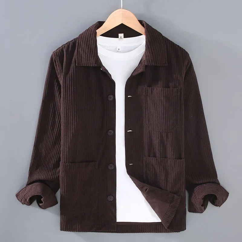 Fall Winter Shirts Men Japanese Workwear Corduroy Long Sleeve Men Shirt Lapel Solid Multi Pocket Vintage Shirt Casual Jacket Man