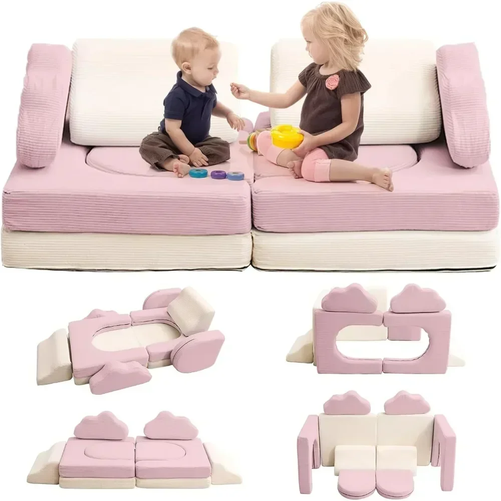 Kids Play Couch, 10PCS Kids Modular Couch in Colorblocked Corduroy, Modular Kids Couch for Boys and Girls, Couch Children