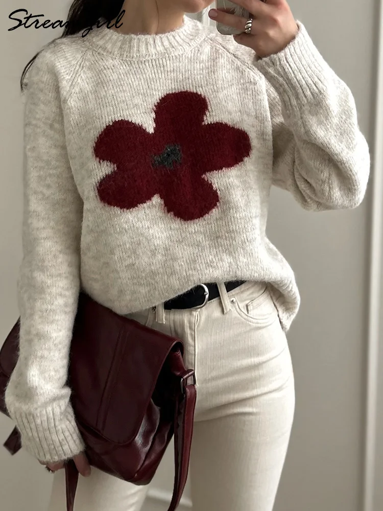 

Streamgirl зимний серый свитер с цветком женские свободные вязаные пуловеры фиолетовый трикотаж винтажный теплый свитер с цветочным принтом для женщин