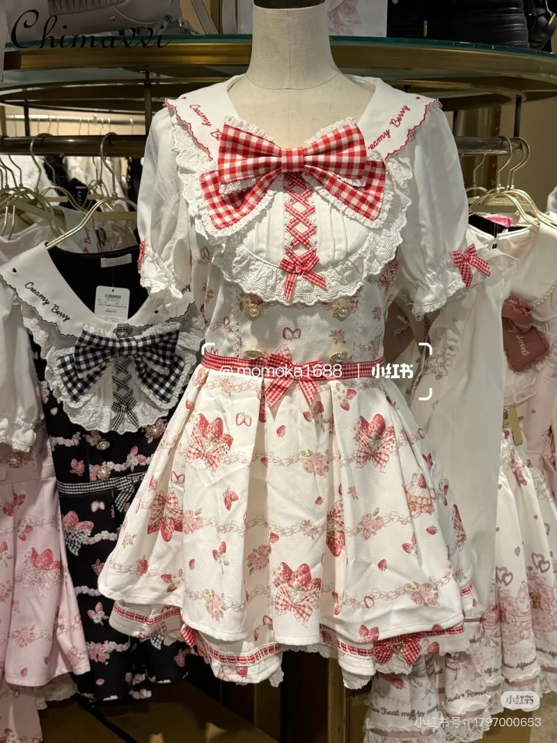 

Japanese Liz Cream Strawberry Embroidery Big Bow Dress Set Sweet Berry Floral Print Top + Skirt Lolita Princess Two-Piece Set