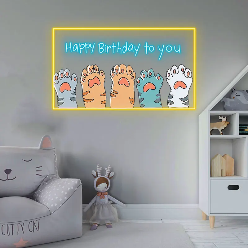 Happy Birthday Neon Light with Cute Cat Paws Design, Fun & Whimsical LED Sign for Birthday Party Decor, Perfect for Cat Lovers