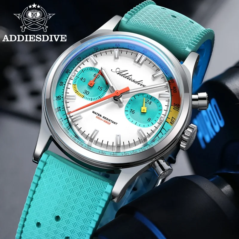 

ADDIESDIVE Hot Sale 38mm Watch For Men FKM Strap 10Bar Waterproof AD2529 BGW9 Super Luminous VK64 Chronograph Quartz Watches