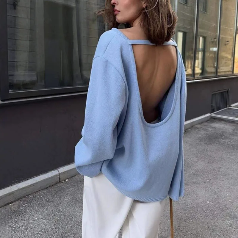 

Осень-зима, новый однотонный свободный свитер, женский простой ажурный джемпер для отдыха, вязаные пуловеры с открытой спиной и длинными рукавами