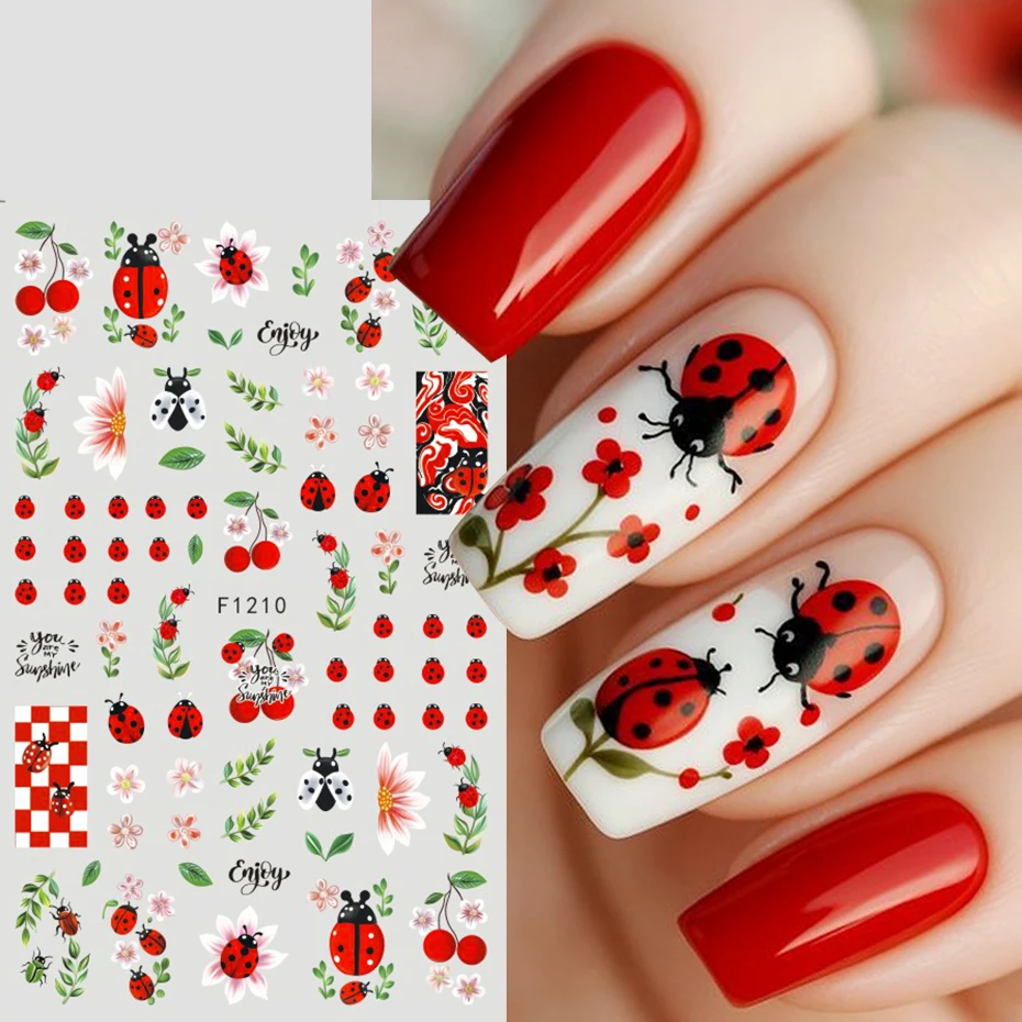 3D Cartoon Ladybug Nail Stickers Sweet Strawberry Cherry Blossoms Daisy Adhesive Nail Decals Spring Summer DIY Nail Art Decor