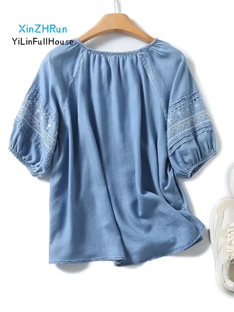 Summer New Women Fashion Round Neck Lantern Sleeve Tassel Lace Ethnic Embroidery Women\'s Art Retro Palace Style Denim Sleeve Top