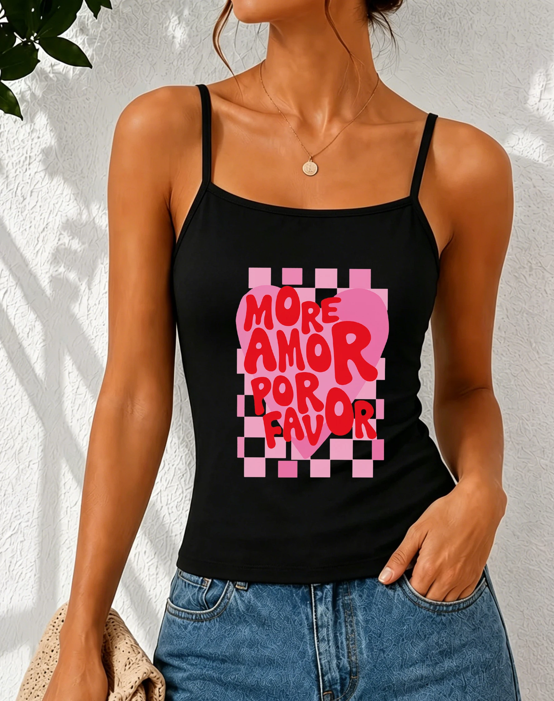 More Amor Por Favor Camisole Checkerboard Crop Top Women Summer Sleeveless Spaghetti Strap Tank Tops Casual Vest Streetwear