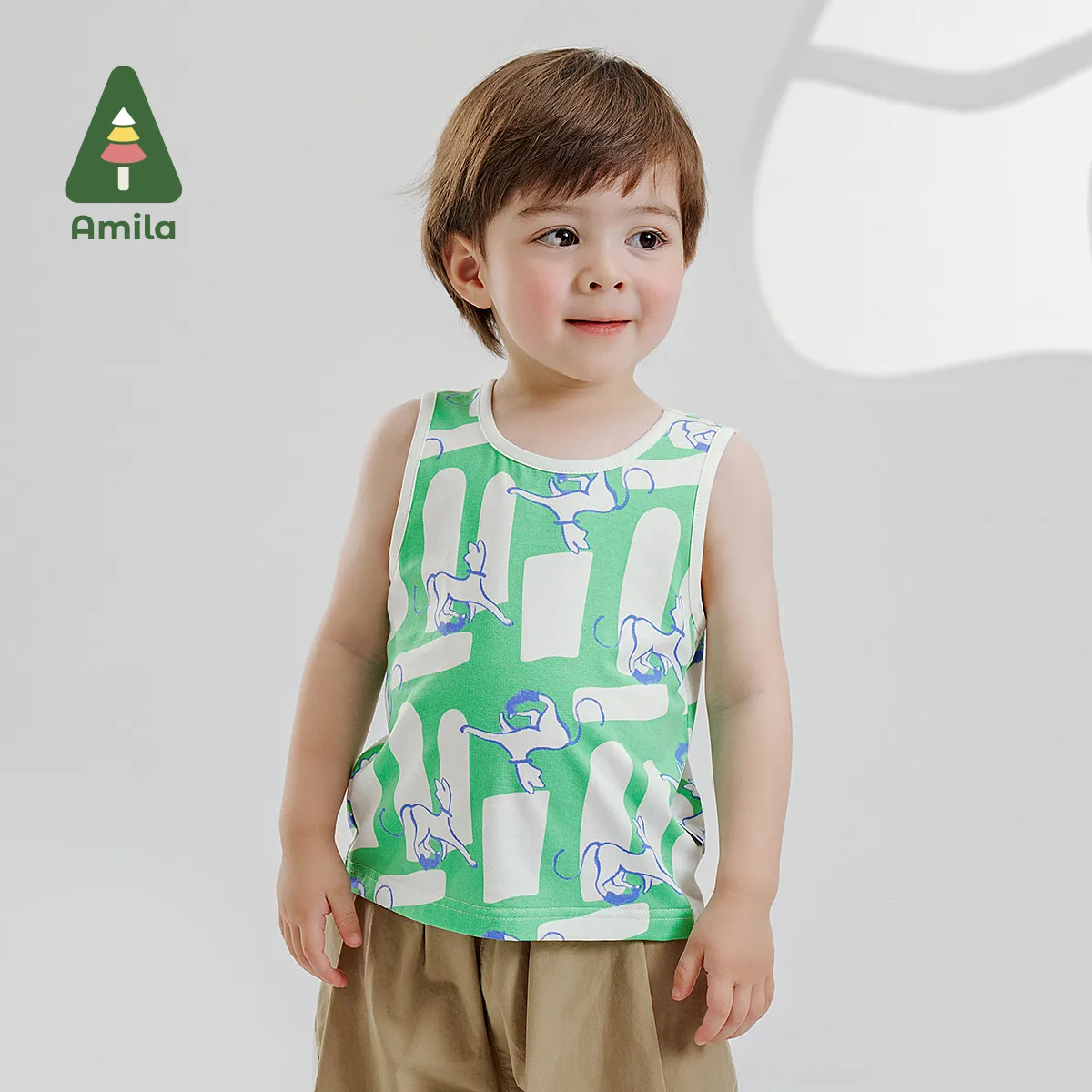 Amila Baby Top Summer 2024 New Fun Printed Cotton Color Matching Sleeveless Vest Comfortable Skin-Friendly Kids Clothing