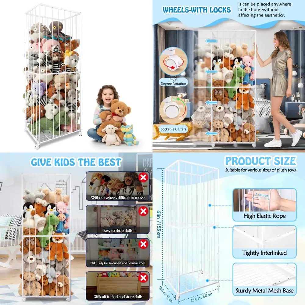 منظم تخزين أنبوب معدني كبير جدًا للحيوانات المحشوة بعجلات الفرامل