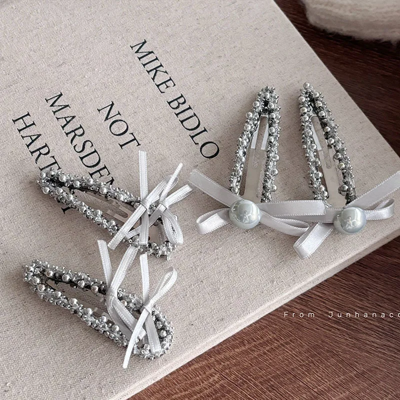 Heavy Industry Silver Ball Bow Barrettes Break Clip Female Ribbon Cropped Hair Clip Barrettes Fringe Clip Hair Accessories