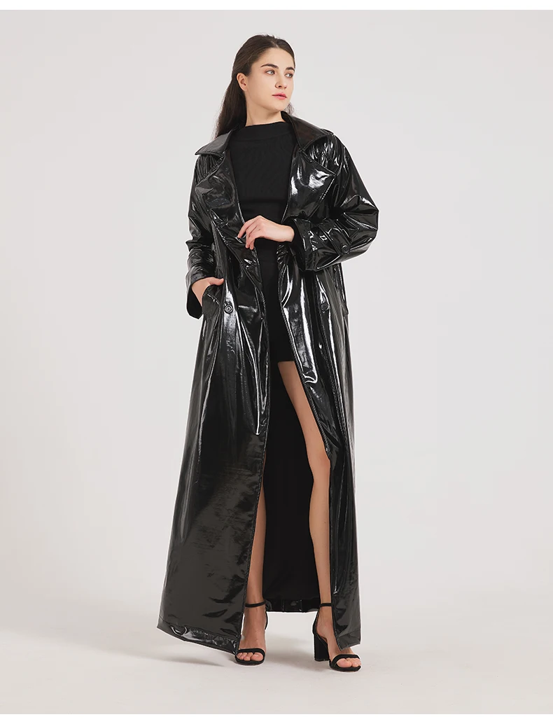 Lautaro Spring Autumn Black Shiny Reflective Soft Patent Leather Trench Coat for Women Luxury Designer Floor Length Clothes 2024