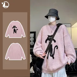 2024 Spring Mens Knitted Sweater American Street Fashion Cat Pattern Round Neck Knitwear Oversized High Street Hip Hop Pullovers