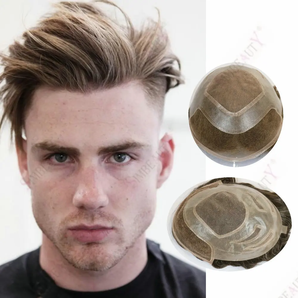 

Пепельно-русый швейцарский кружевной материал с кожей, мужской парик из искусственной кожи, человеческие волосы, прочный универсальный мужской системы замены волос, необнаружимый протез